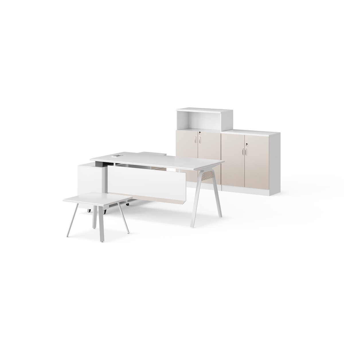 Meja Direktur L-Shape Putih + Kabinet — BG-2503LA