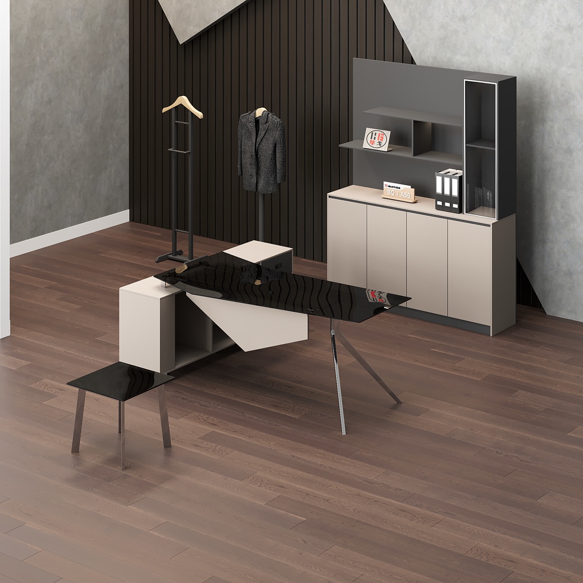 Meja Direktur L-Shape dengan Hutch — detail fitur 1