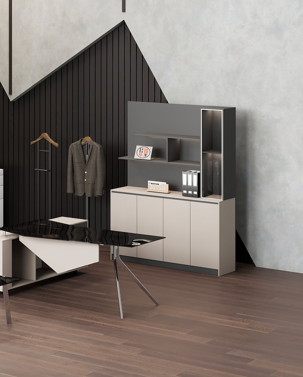 Meja Direktur L-Shape Kabinet Putih Hitam — detail fitur 1