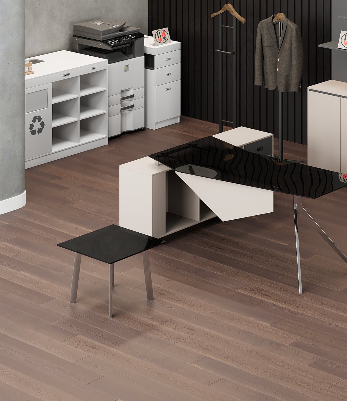 Meja Direktur L-Shape Kabinet Putih Hitam — detail fitur 2