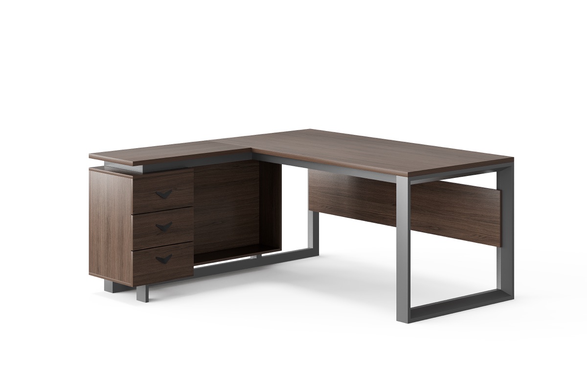 Meja Direktur L-Shape Rangka Besi 3 Laci — BG-2532L