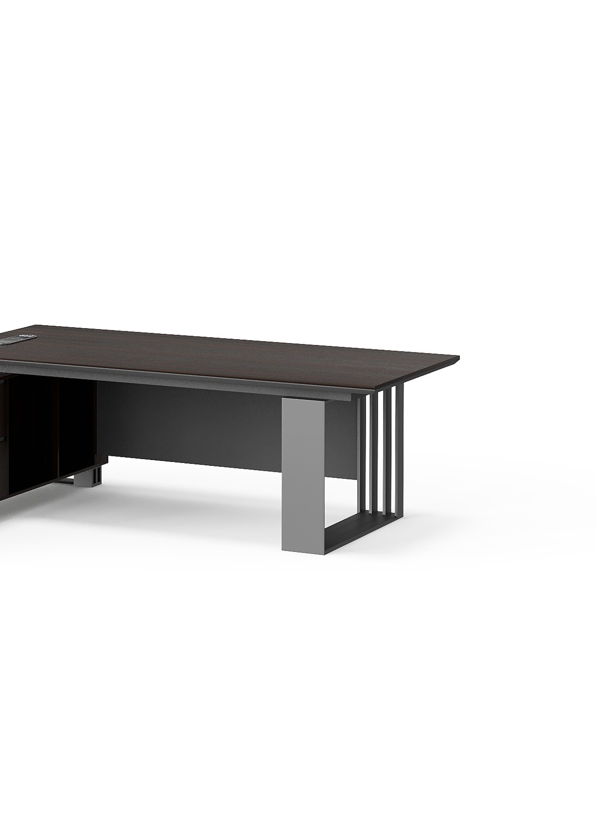 Meja Direktur L-Shape Kabinet Kayu Gelap — detail fitur 1