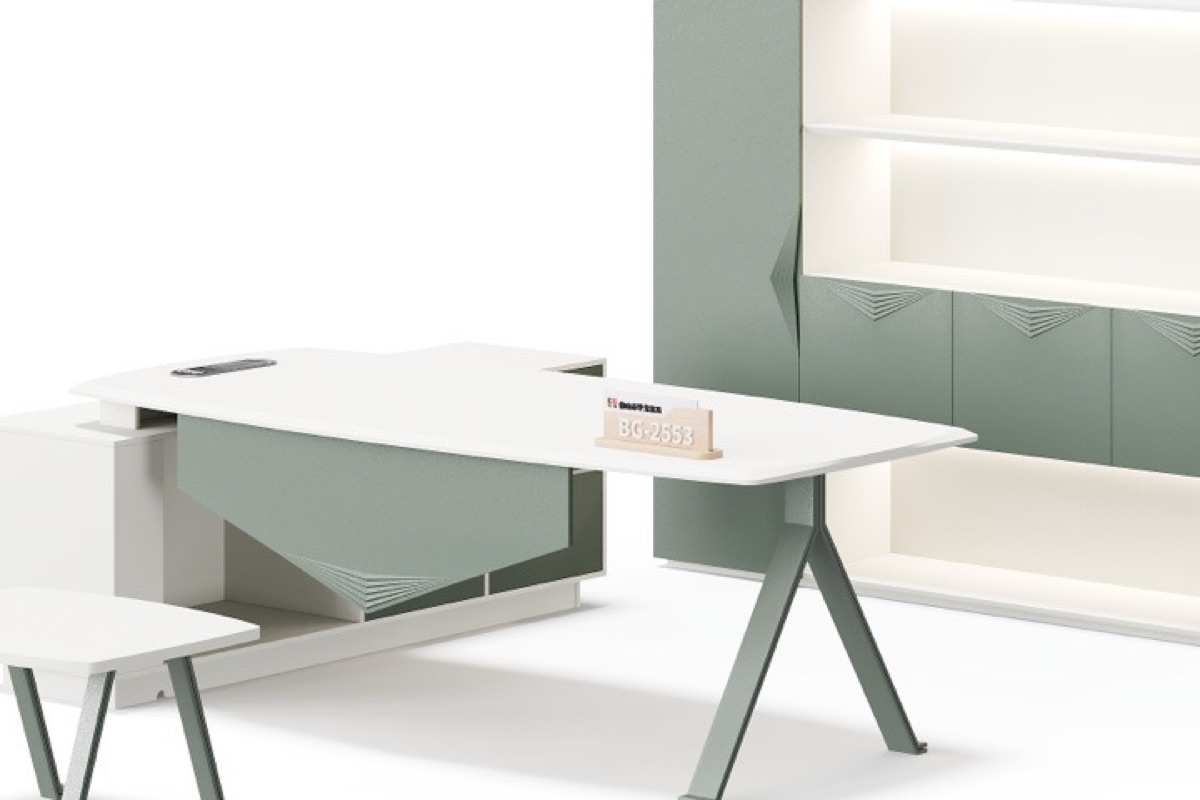Meja Direktur L-Shape Hijau Tua + Rak Terintegrasi — detail fitur 1