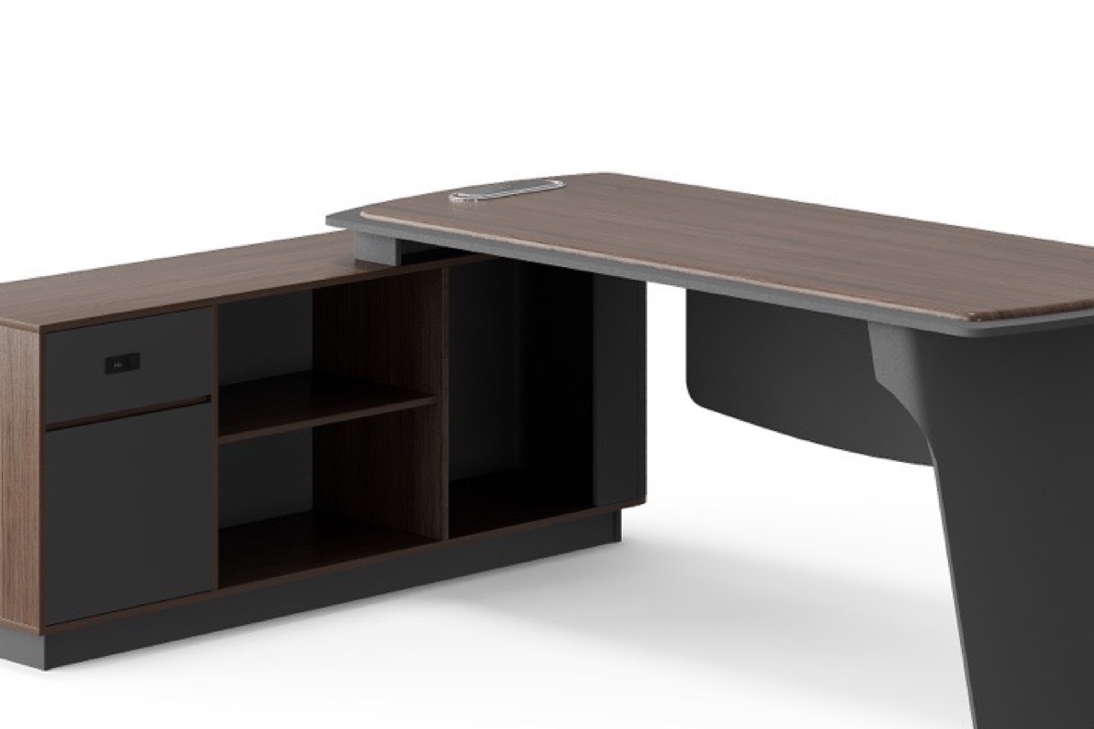 Meja Direktur L-Shape Kabinet Laci & Rak — detail fitur 1