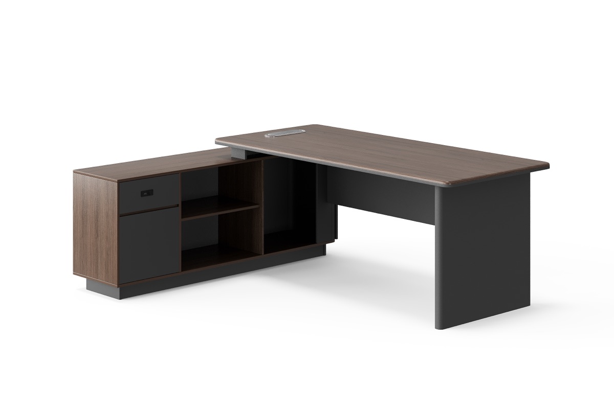 Meja Direktur L-Shape Panel Daya & Laci — BG-2574L