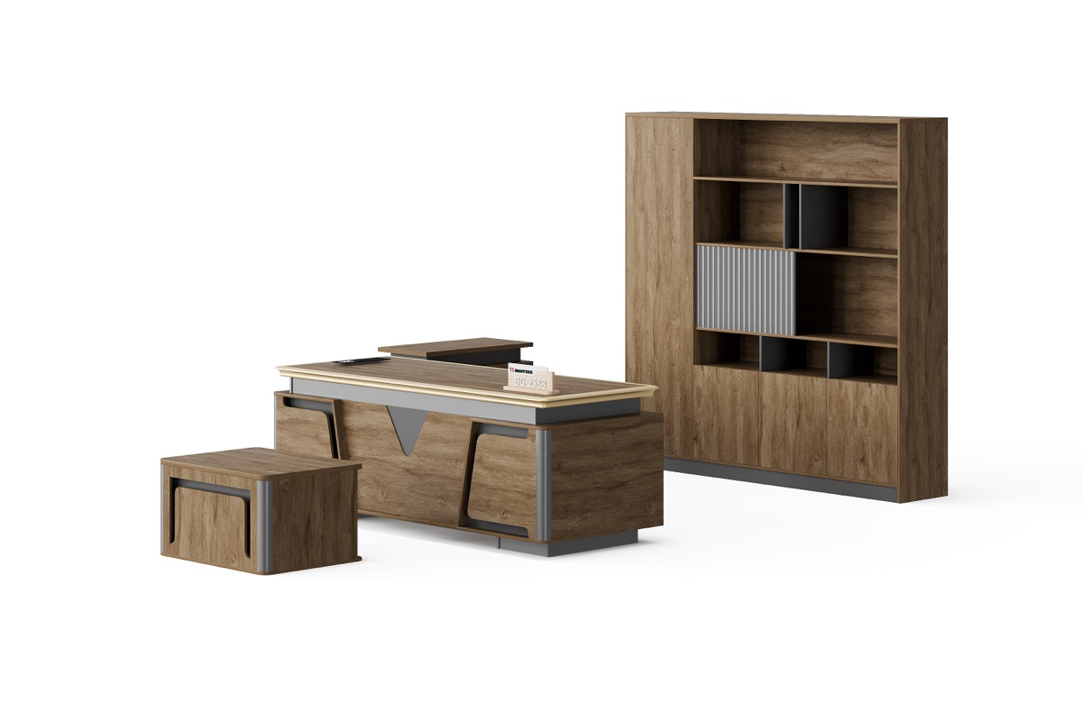 Meja Direktur L-Shape + Rak Buku 4 Finishing — detail fitur 1