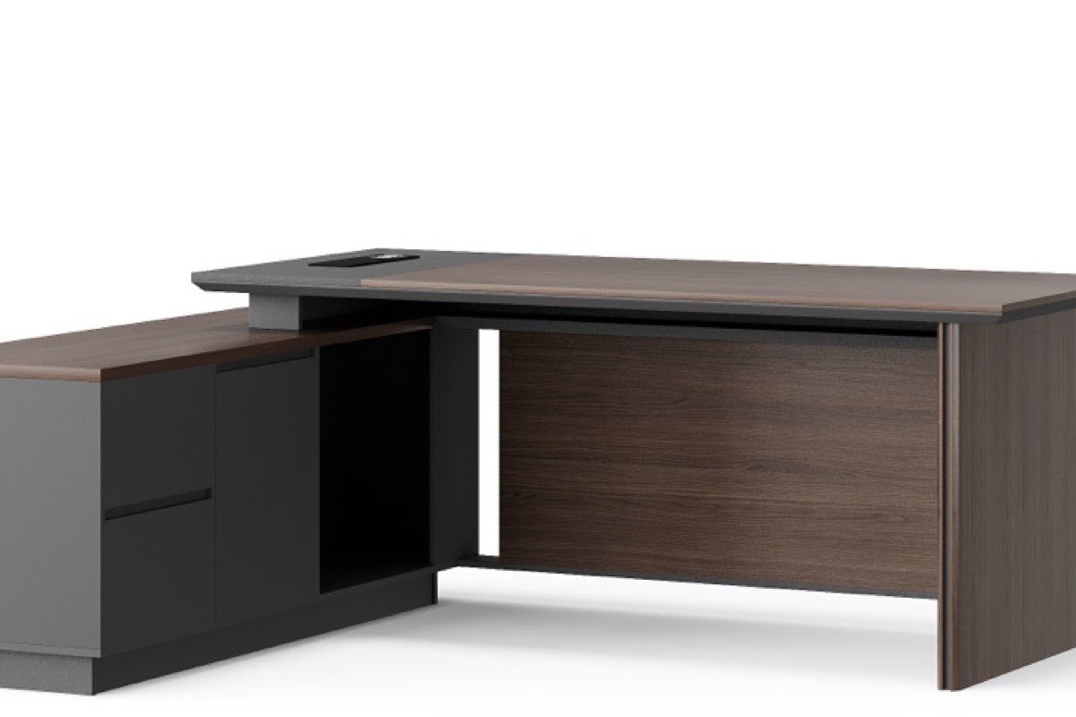 Meja Direktur L-Shape Panel Slat Walnut + Kabinet — detail fitur 1