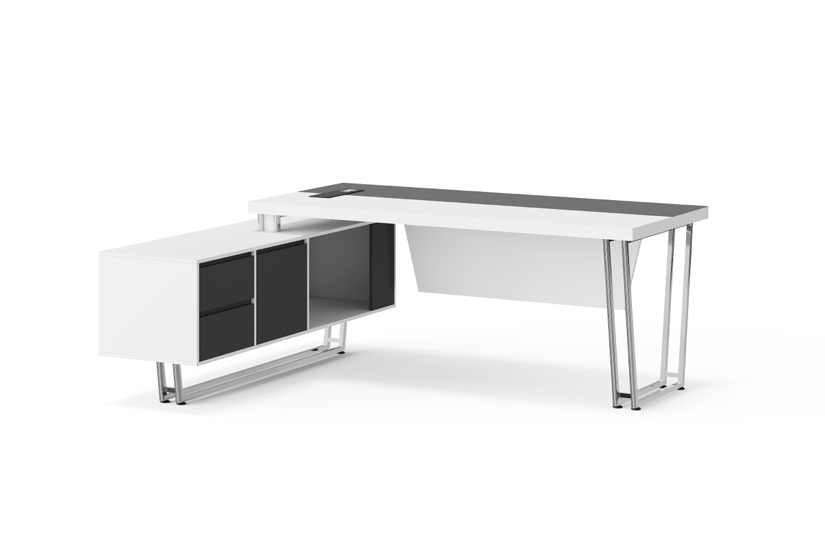 Meja Direktur L-Shape Putih + Top Hitam & Kabinet — detail fitur 1