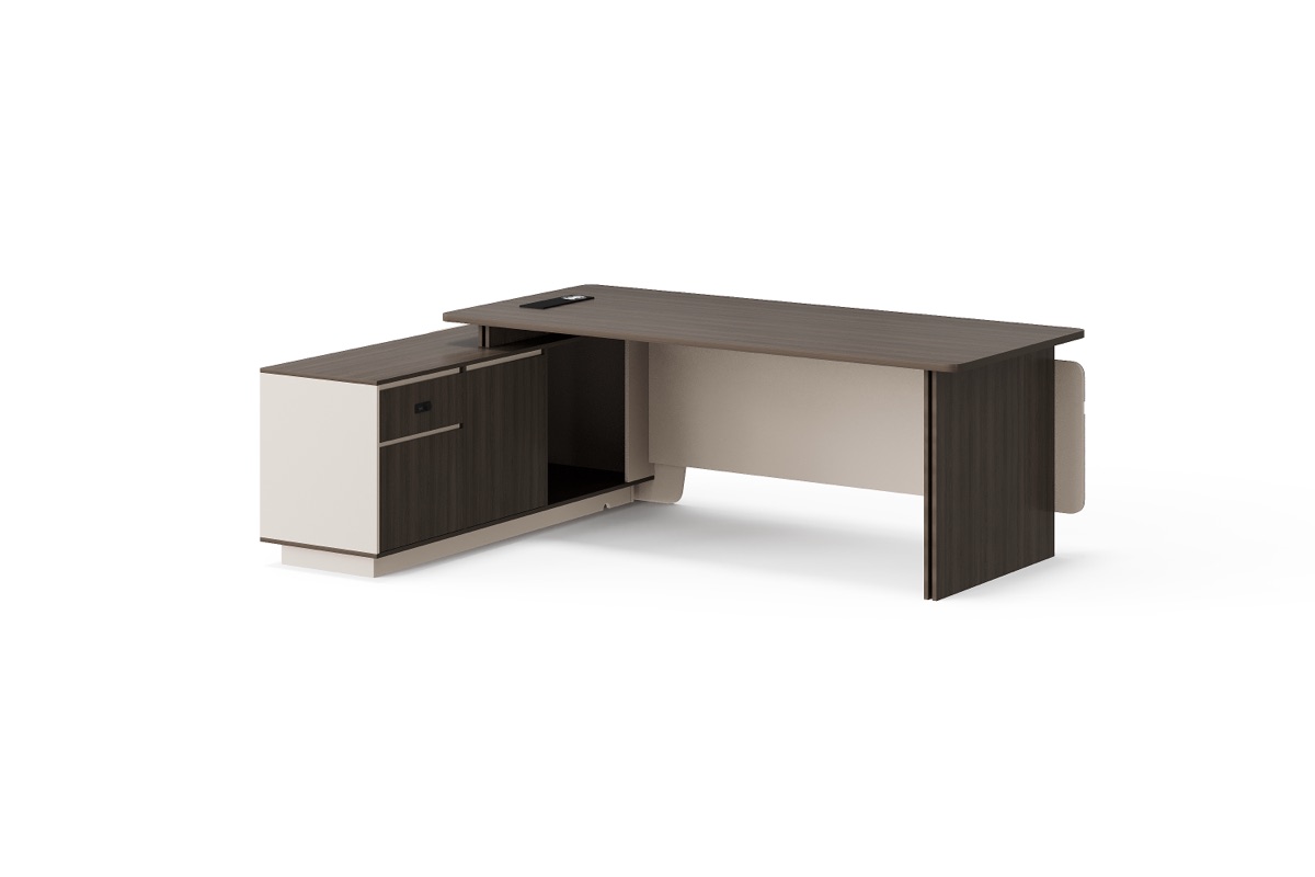 Meja Direktur L-Shape G28 + Panel Dekoratif & Laci — detail fitur 1