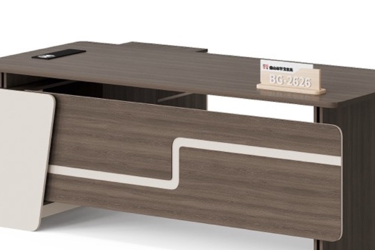 Meja Direktur L-Shape G28 + Panel Dekoratif & Laci — detail fitur 2