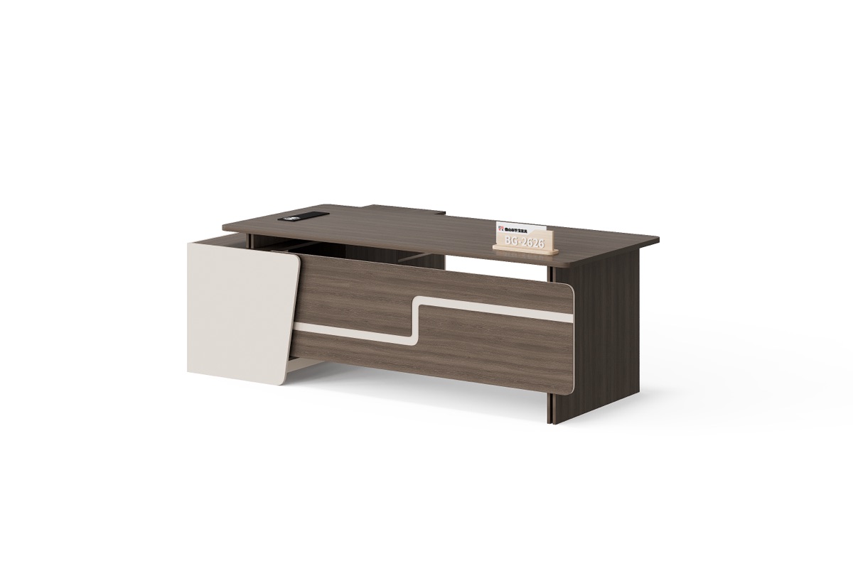 Meja Direktur L-Shape G28 + Panel Dekoratif & Laci — BG-2626L