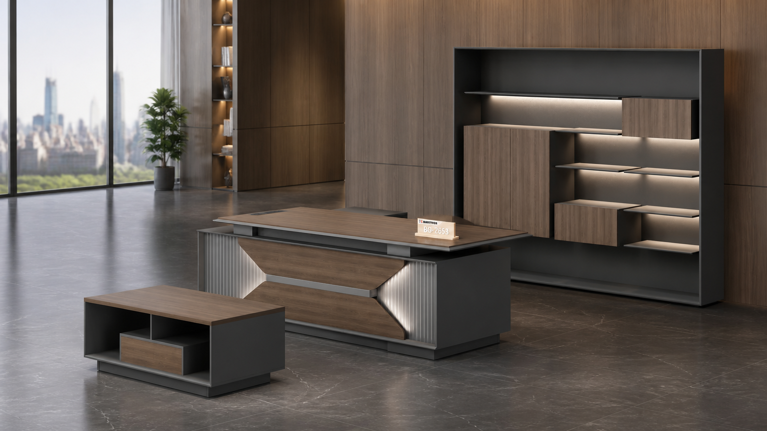 Meja Manajer L-Shape — situasi kantor