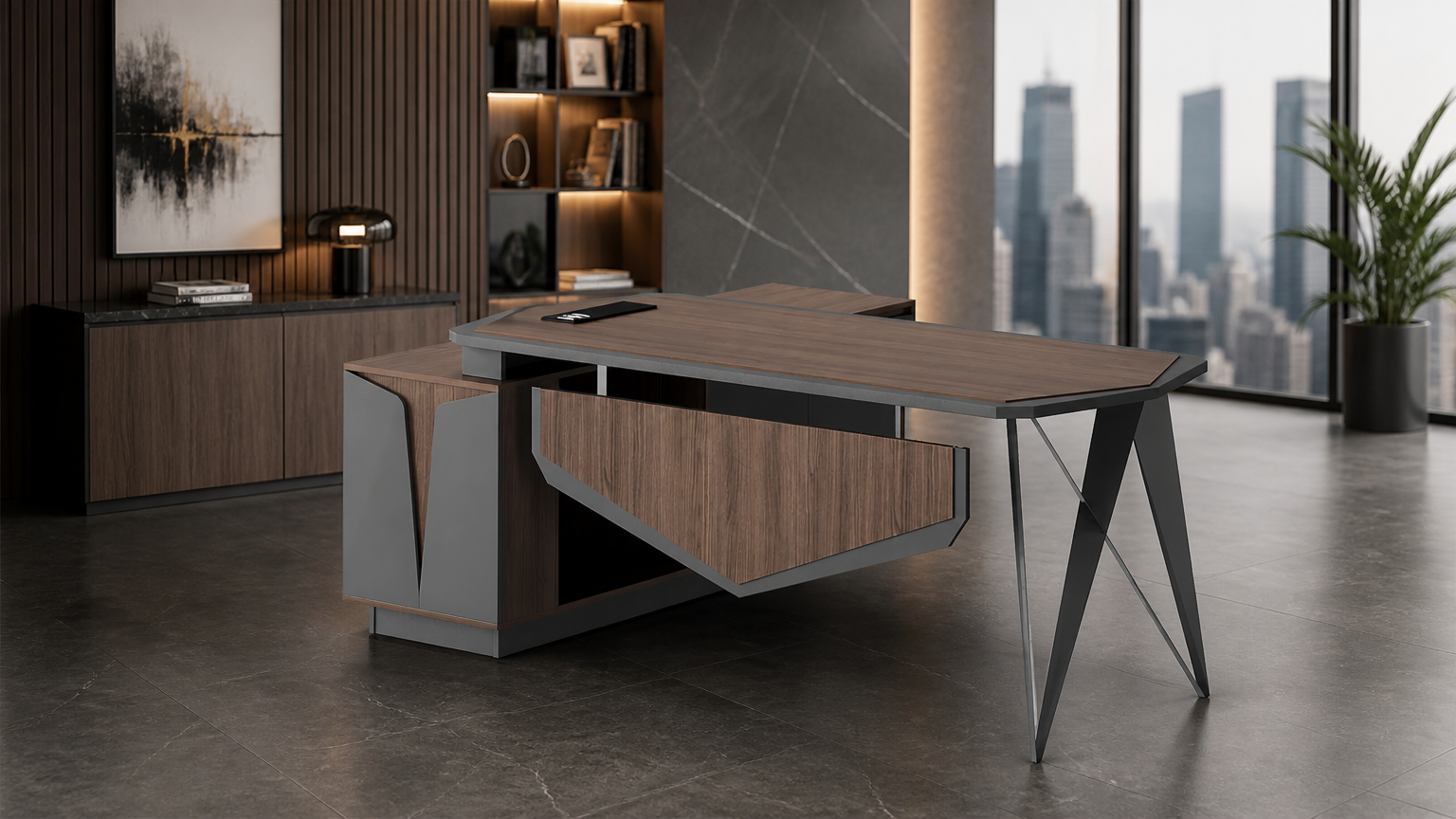 Meja Manajer L-Shape — situasi kantor