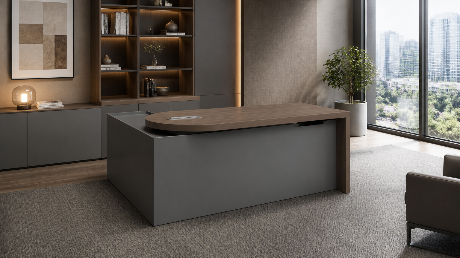 Meja Manajer L-Shape — situasi kantor
