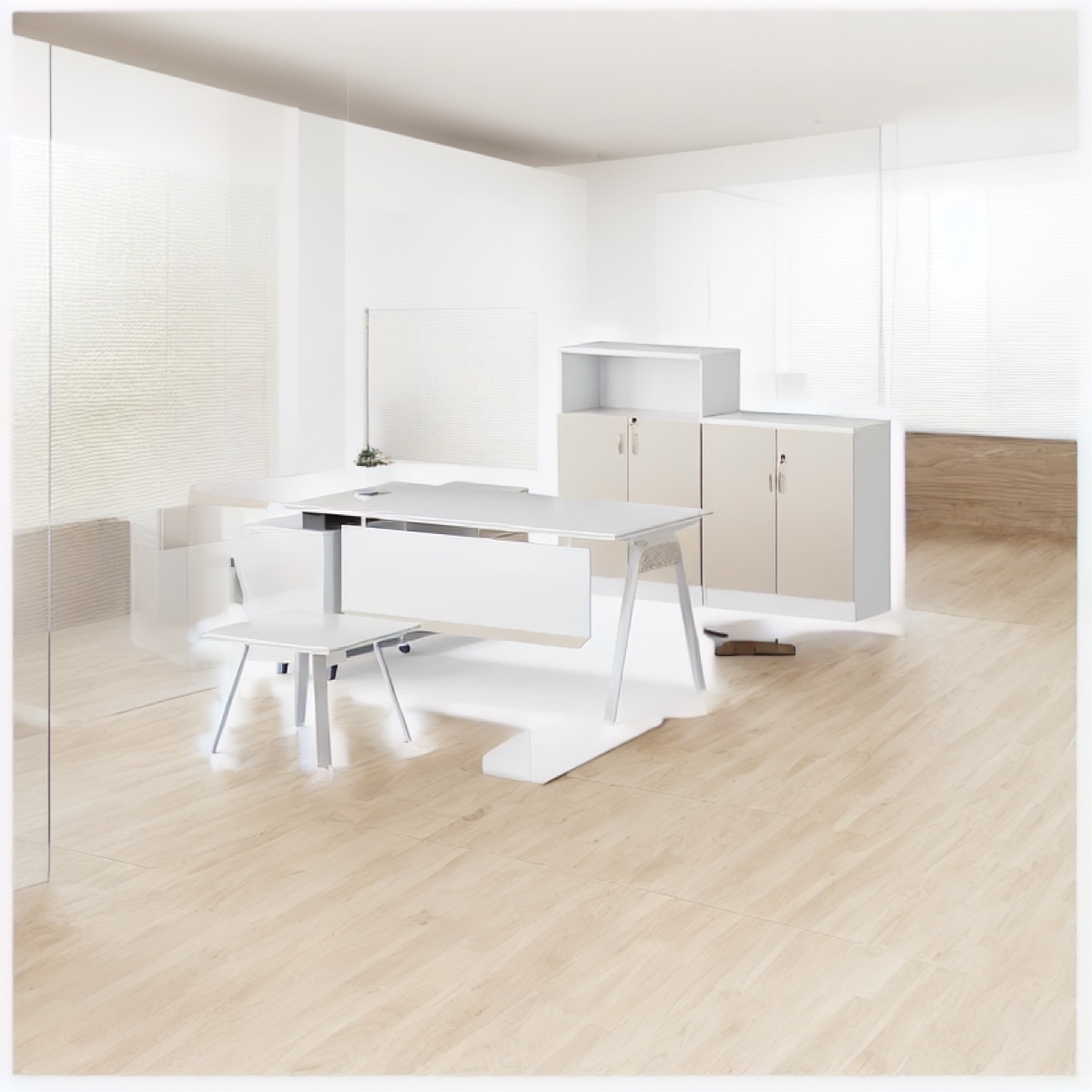 White L-Shape Director Desk + Cabinet — office scene
