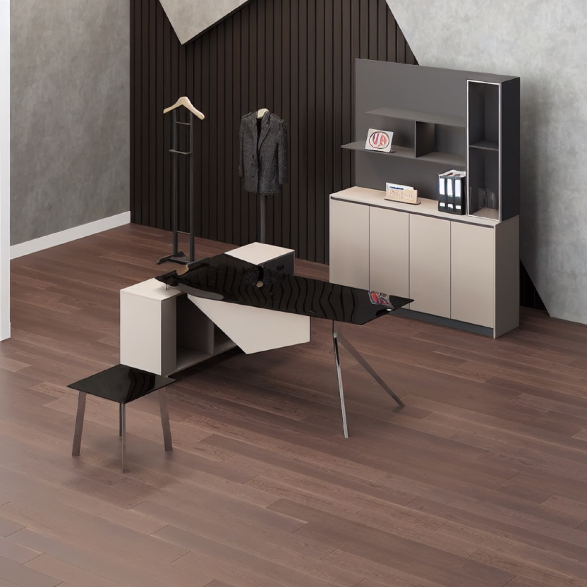 Meja Direktur L-Shape dengan Hutch — situasi kantor