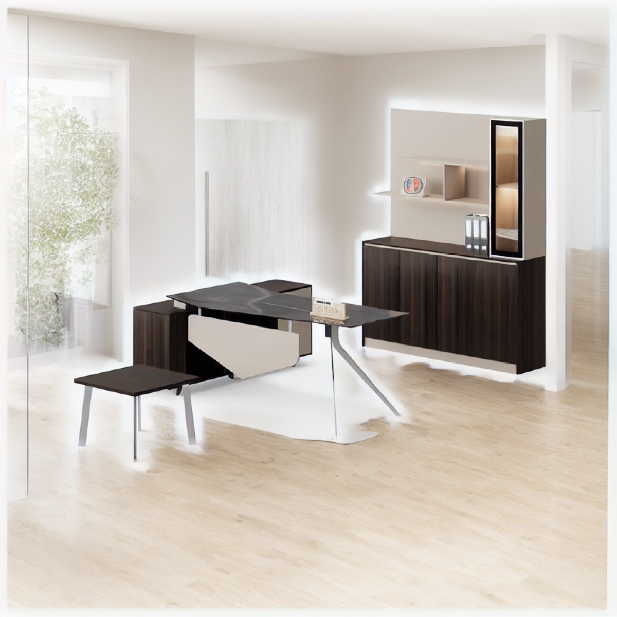 Set Meja Direktur L-Shape + Lemari Kaca — situasi kantor