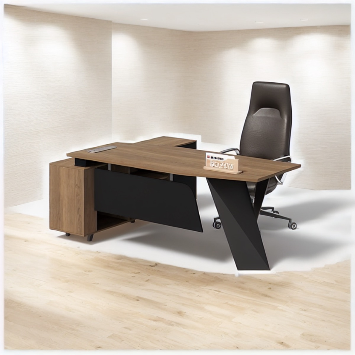 Meja Direktur L-Shape Modern — situasi kantor