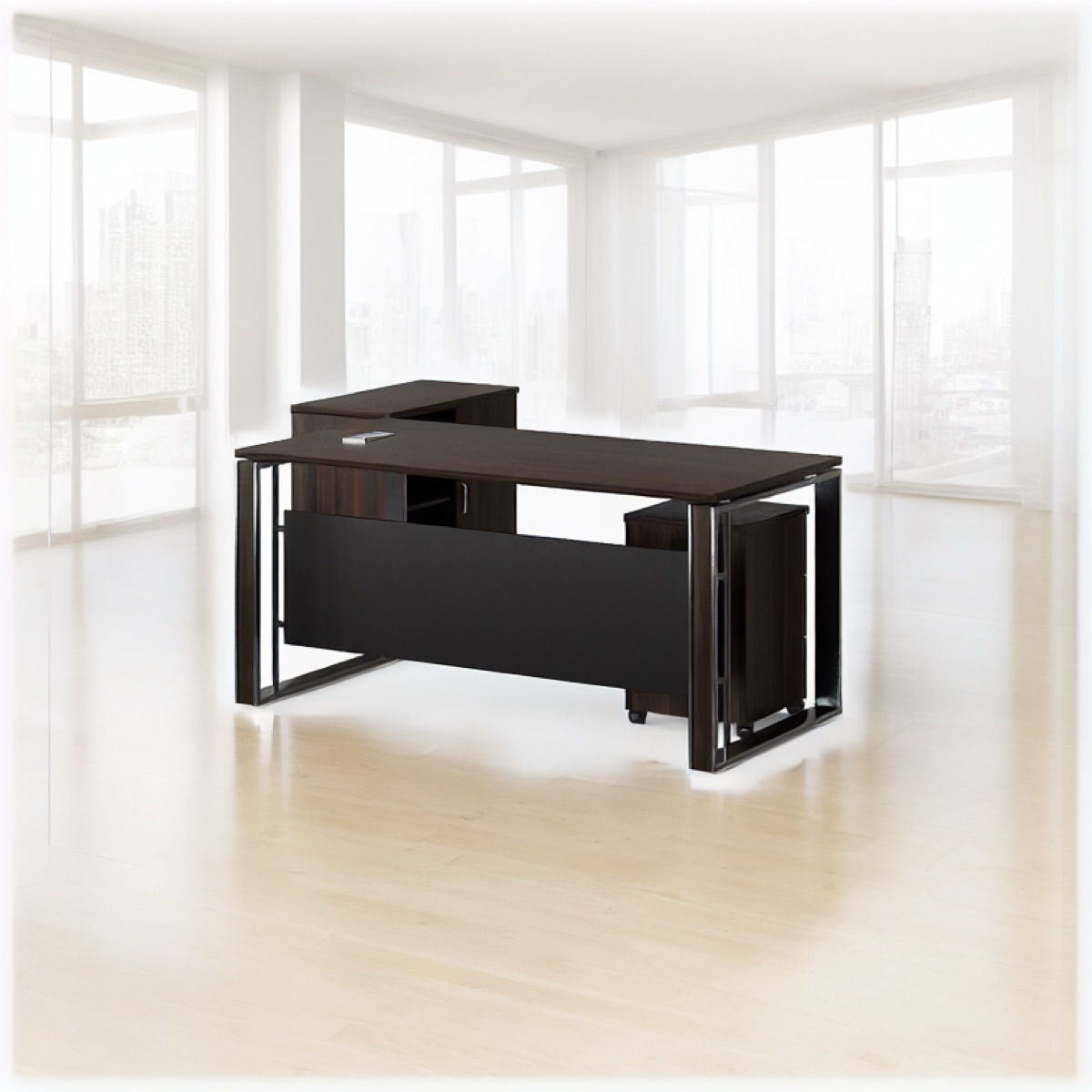 Meja Eksekutif L-Shape + Kabinet 6 Finishing — situasi kantor