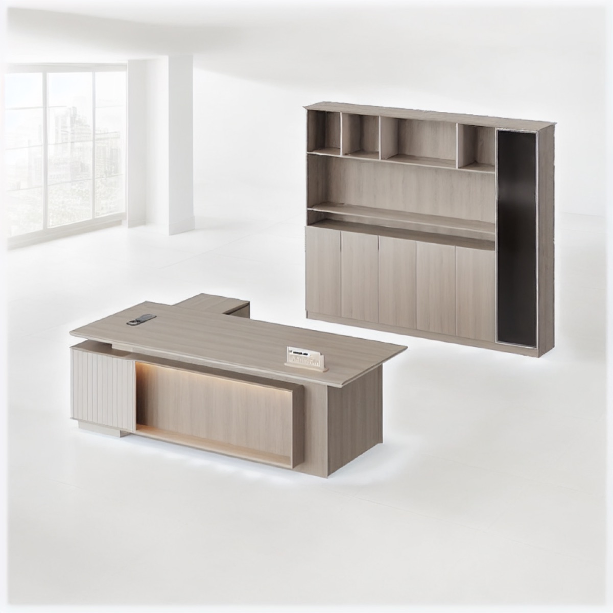 Meja Direktur L-Shape + Rak Display — situasi kantor