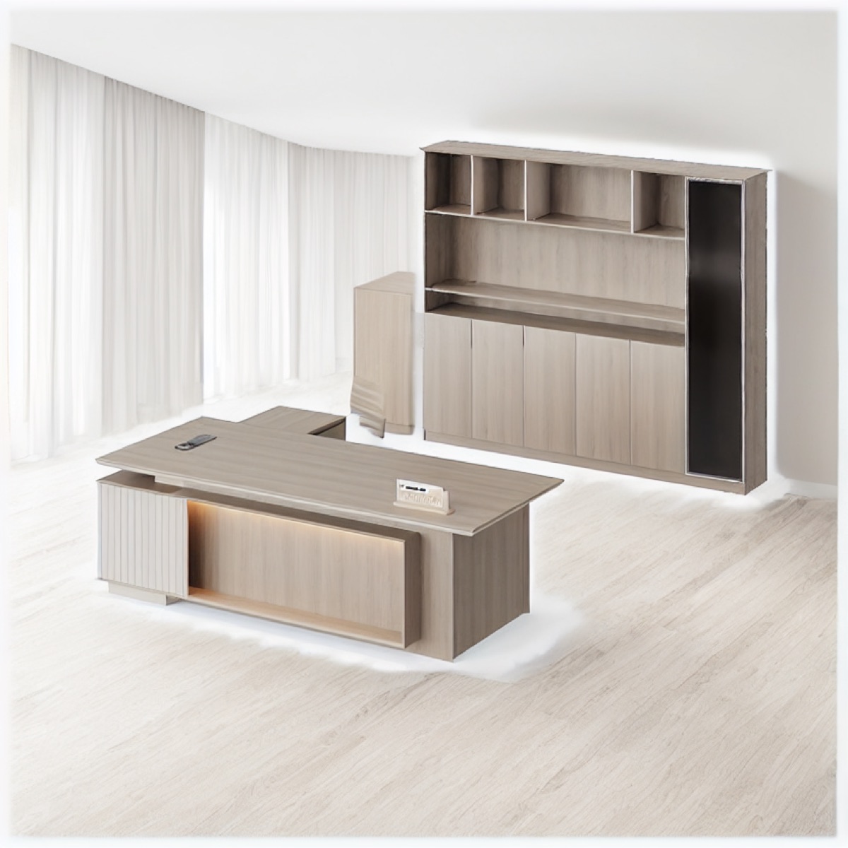 Meja Direktur L-Shape + Rak Display — situasi kantor