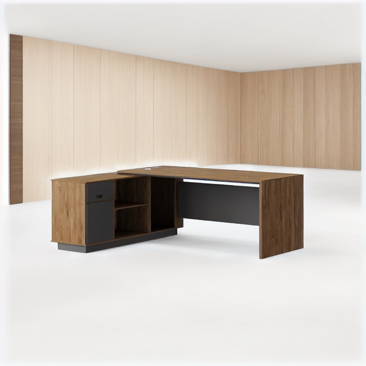 Meja Direktur L-Shape Panel Perforasi — situasi kantor