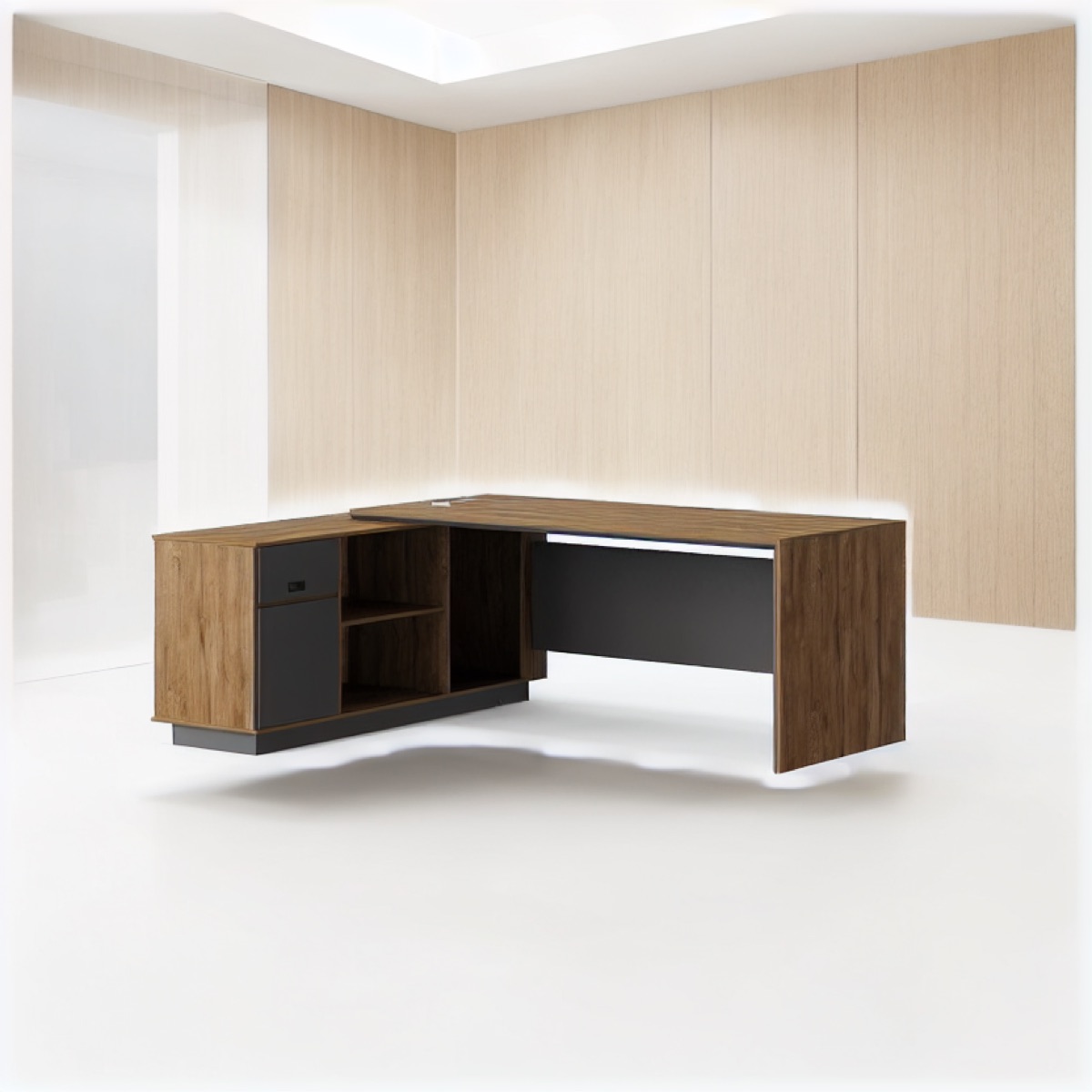 Meja Direktur L-Shape Panel Perforasi — situasi kantor