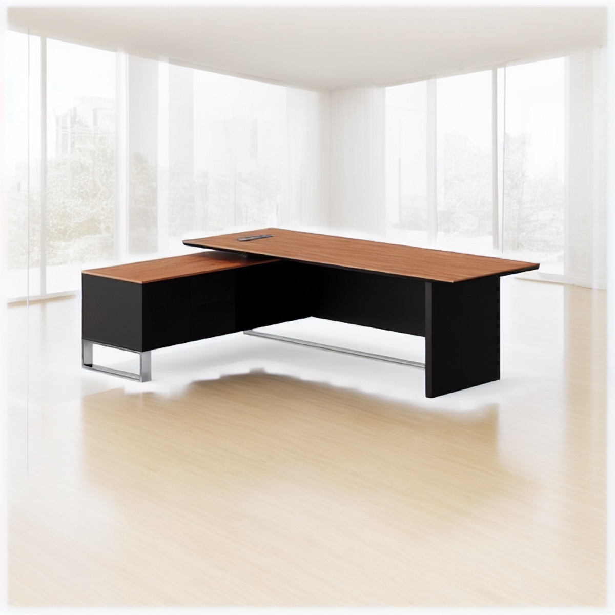 Meja Direktur L-Shape Kabinet Hitam — situasi kantor