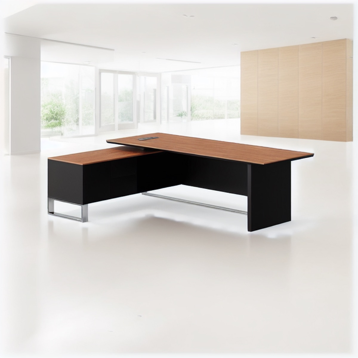 Meja Direktur L-Shape Kabinet Hitam — situasi kantor