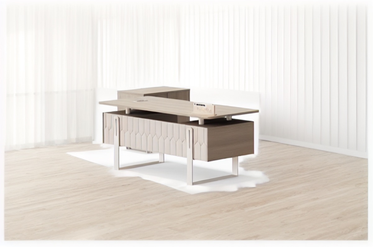 Meja Direktur L-Shape Panel Geometris — situasi kantor