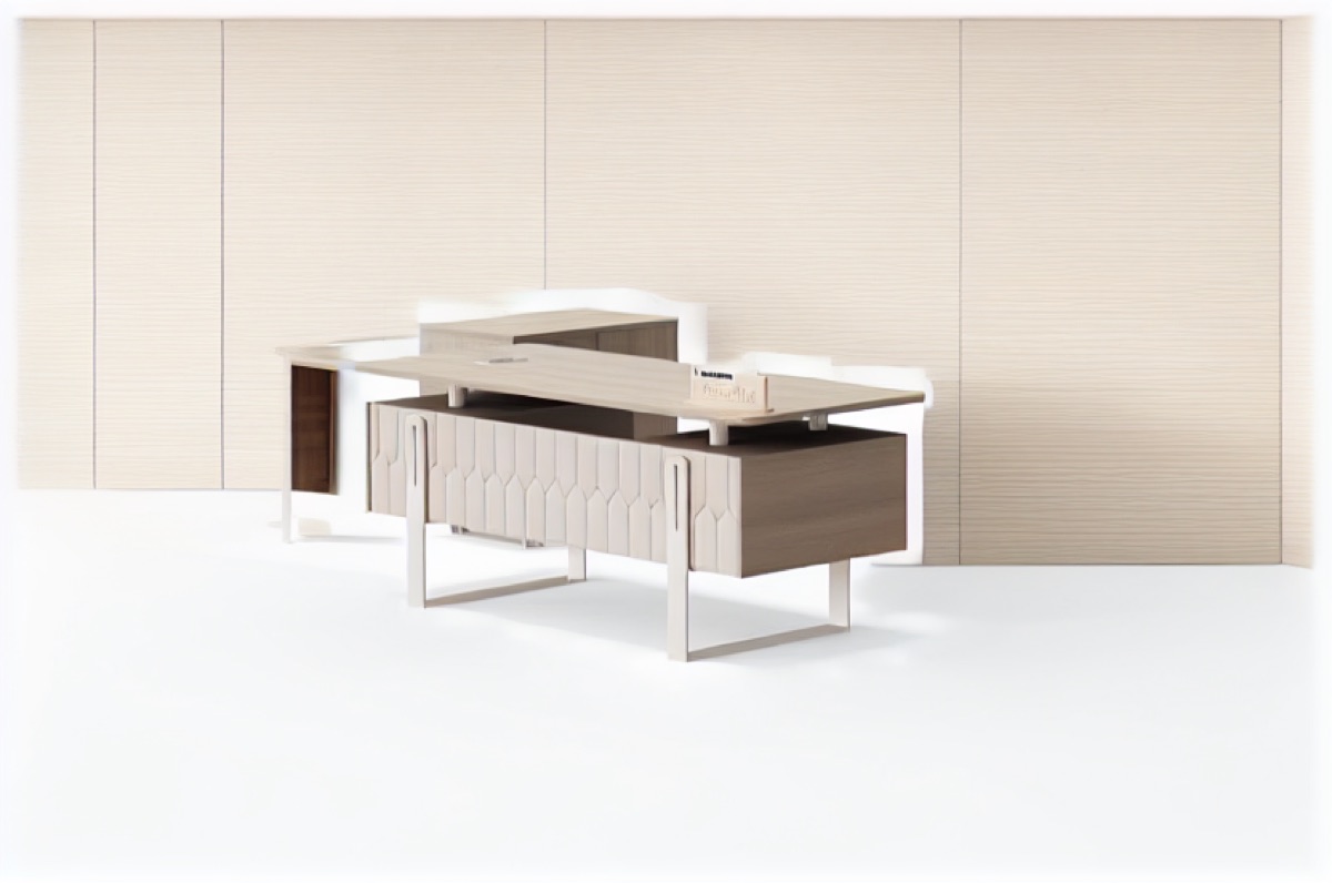 Meja Direktur L-Shape Panel Geometris — situasi kantor