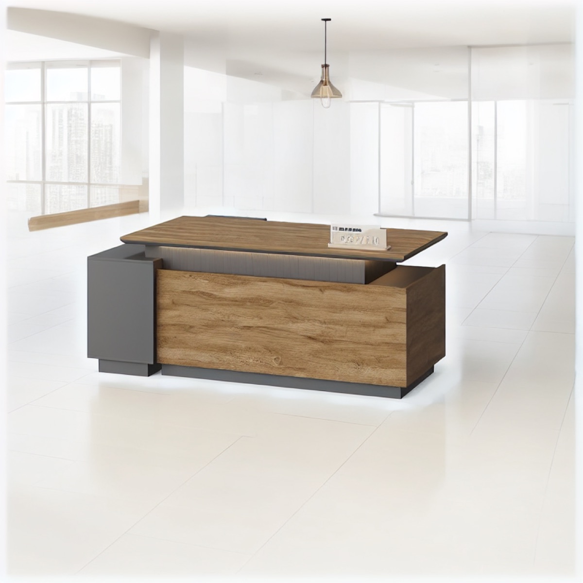 Meja Resepsionis 180 cm Kayu Oak LED — situasi kantor