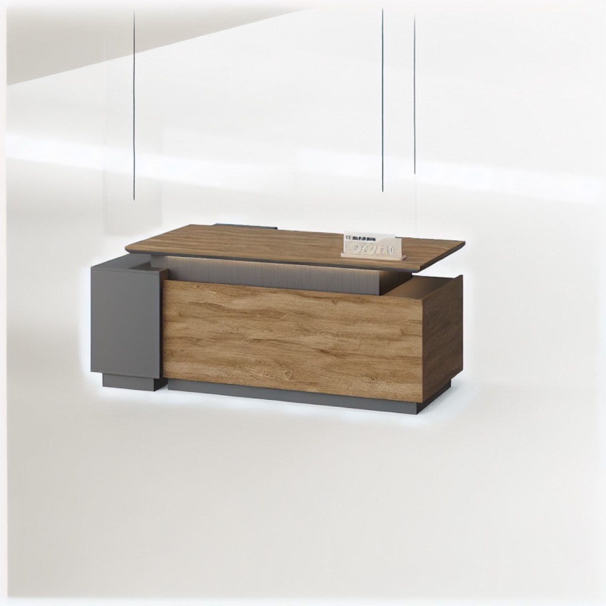Meja Resepsionis 180 cm Kayu Oak LED — situasi kantor