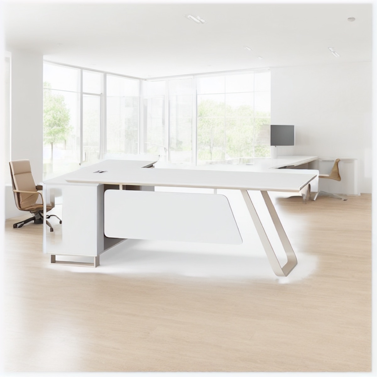 Meja Direktur L-Shape Putih Glossy — situasi kantor
