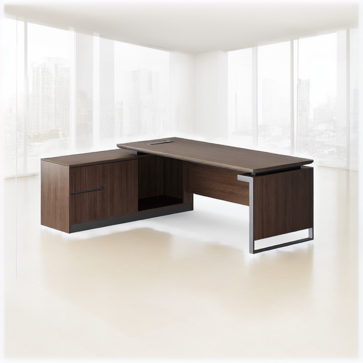 Meja Direktur L-Shape + Kabinet Return — situasi kantor