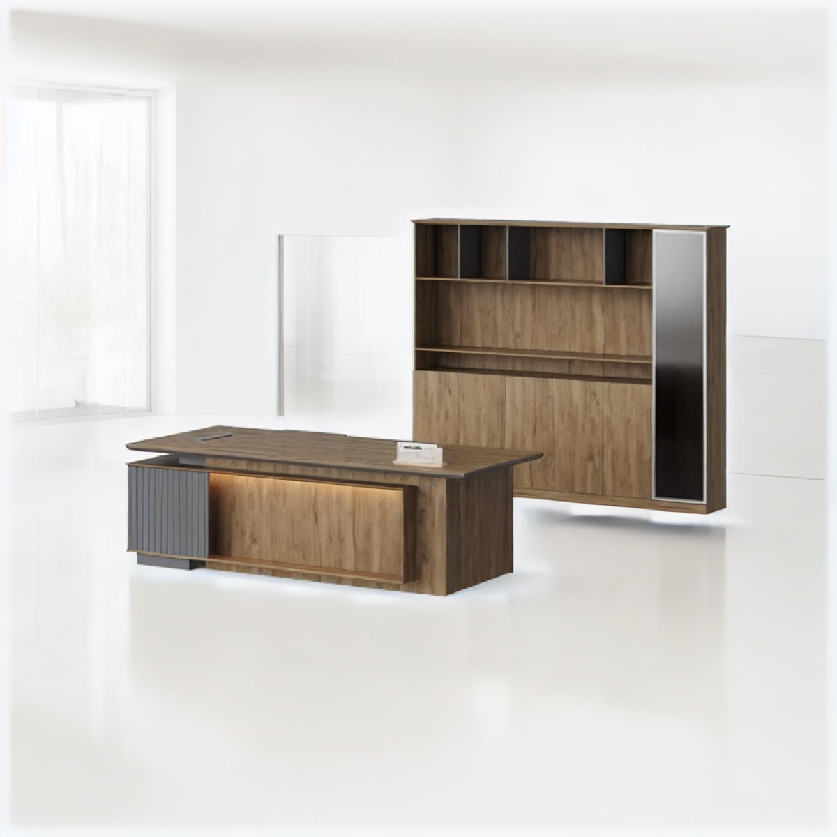 L-Shape Director Desk + Hutch + LED — office scene