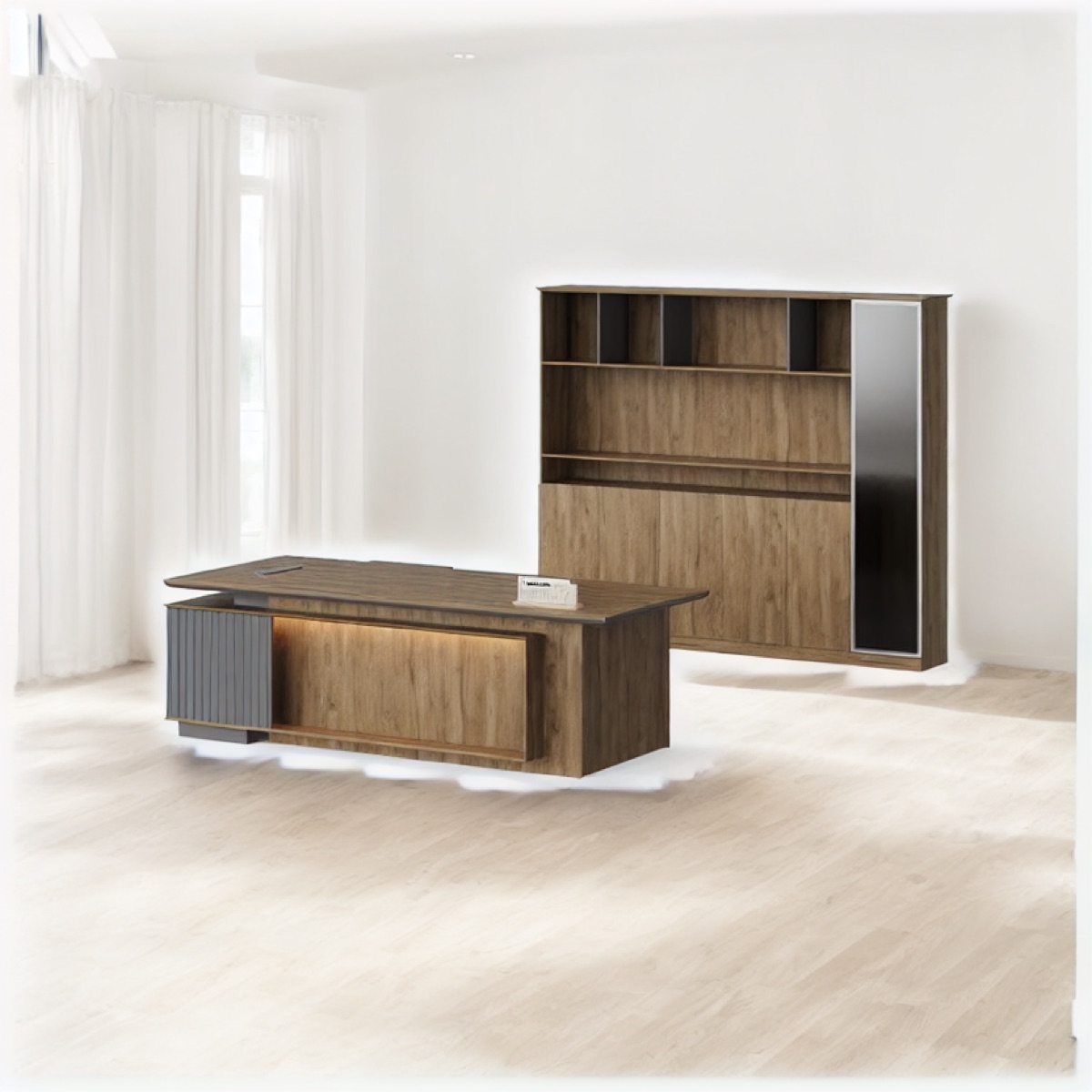 L-Shape Director Desk + Hutch + LED — office scene