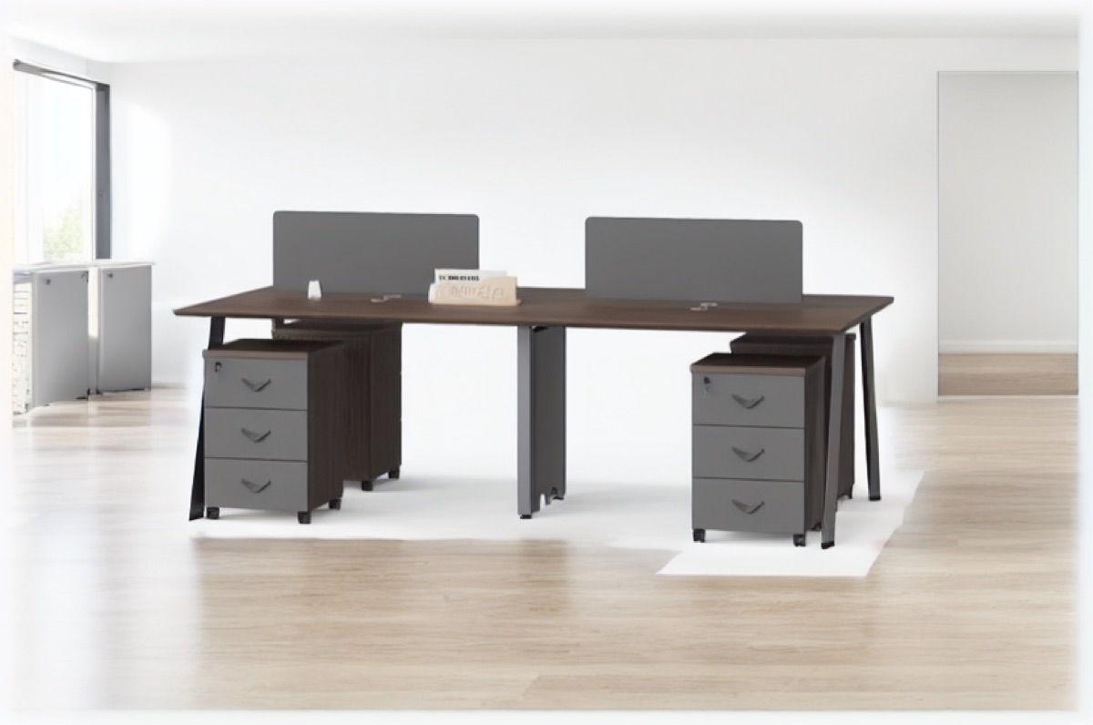 4-Station Bench Workstation with Privacy Screens — office scene