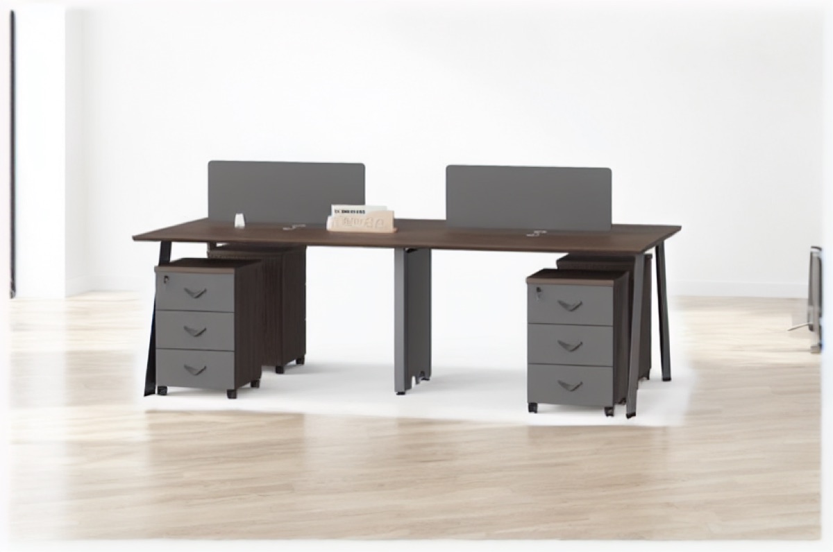 4-Station Bench Workstation with Privacy Screens — office scene