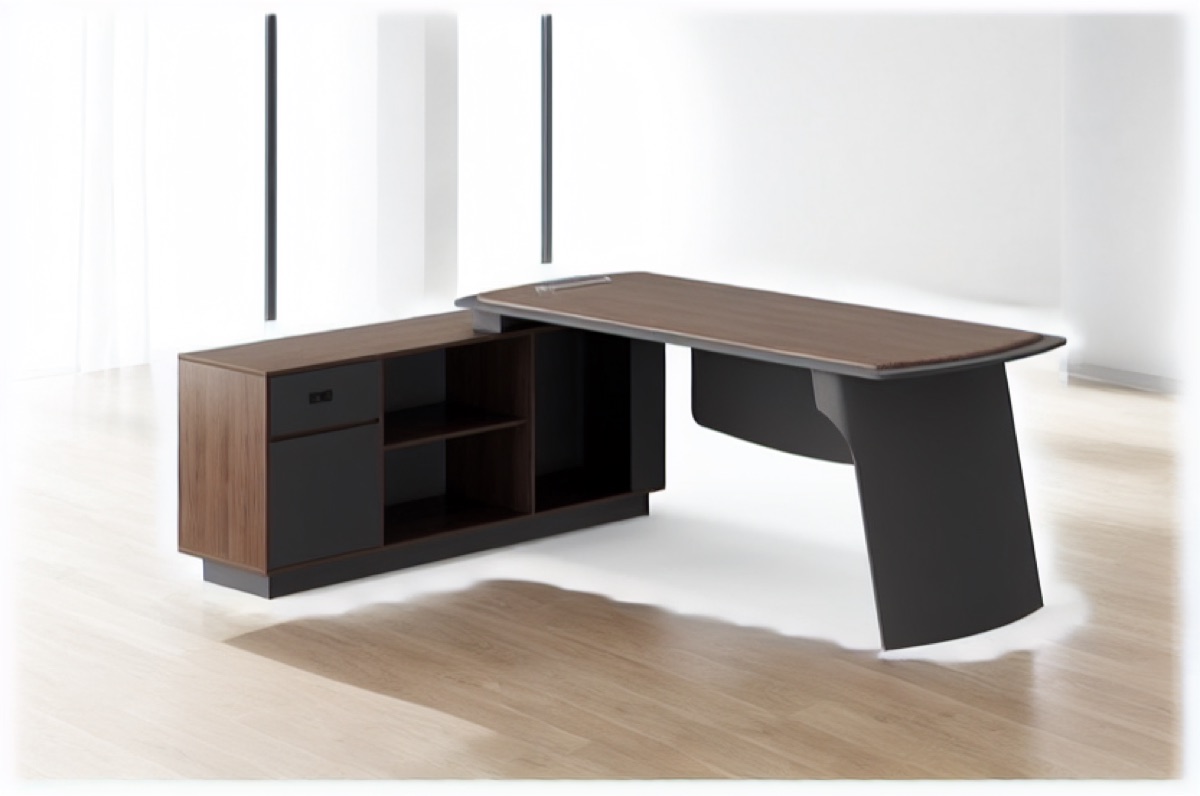 Meja Direktur L-Shape Kabinet Laci & Rak — situasi kantor