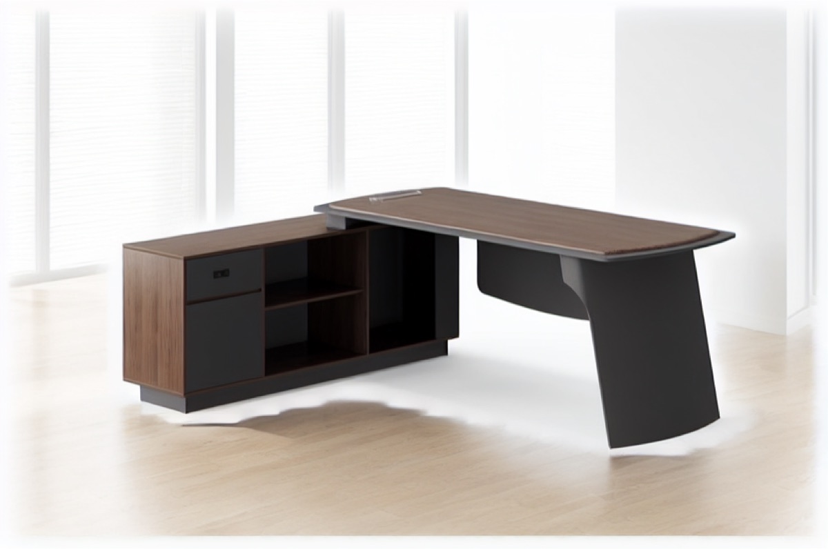 Meja Direktur L-Shape Kabinet Laci & Rak — situasi kantor