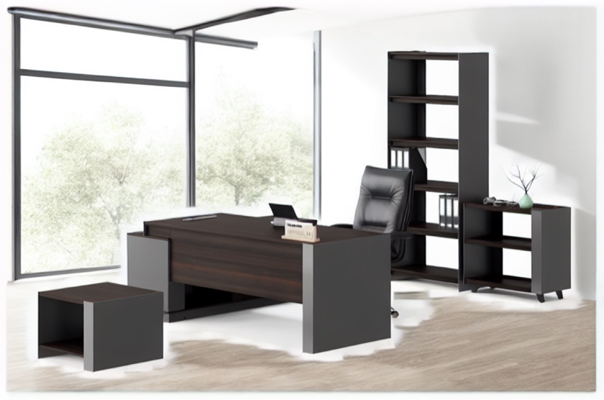 Meja Direktur L-Shape + Rak Buku — situasi kantor