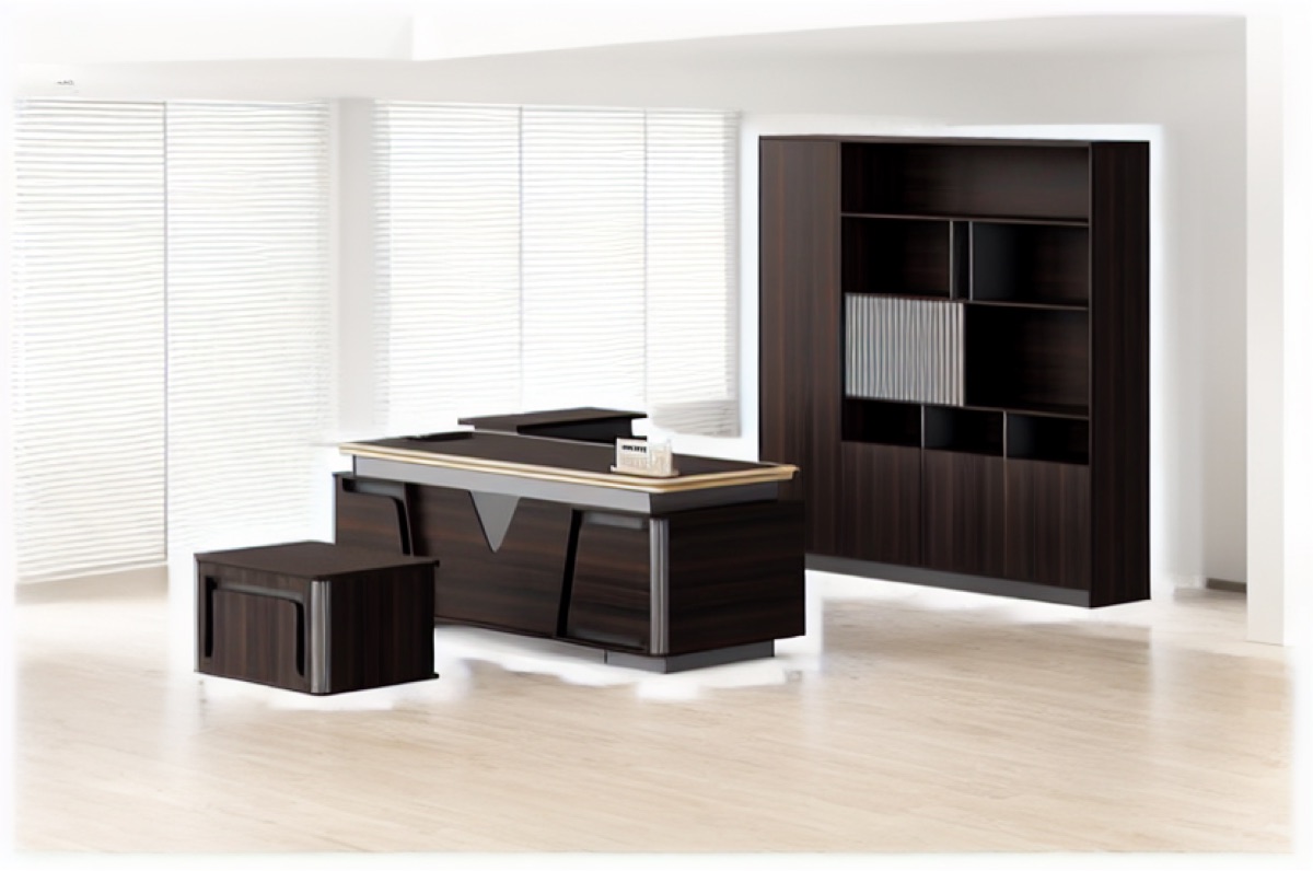 Meja Direktur L-Shape + Rak Buku 4 Finishing — situasi kantor