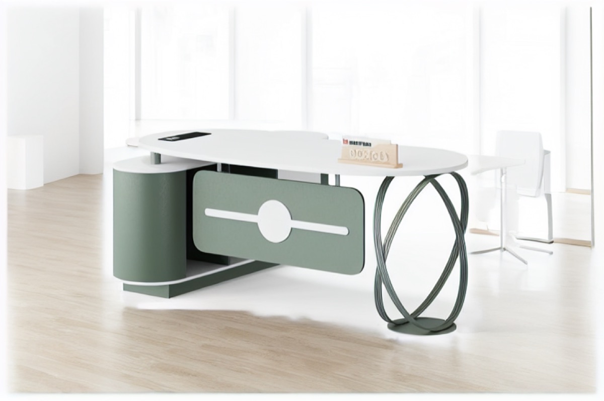 Green L-Shape Director Desk + White Top & Drawer — office scene