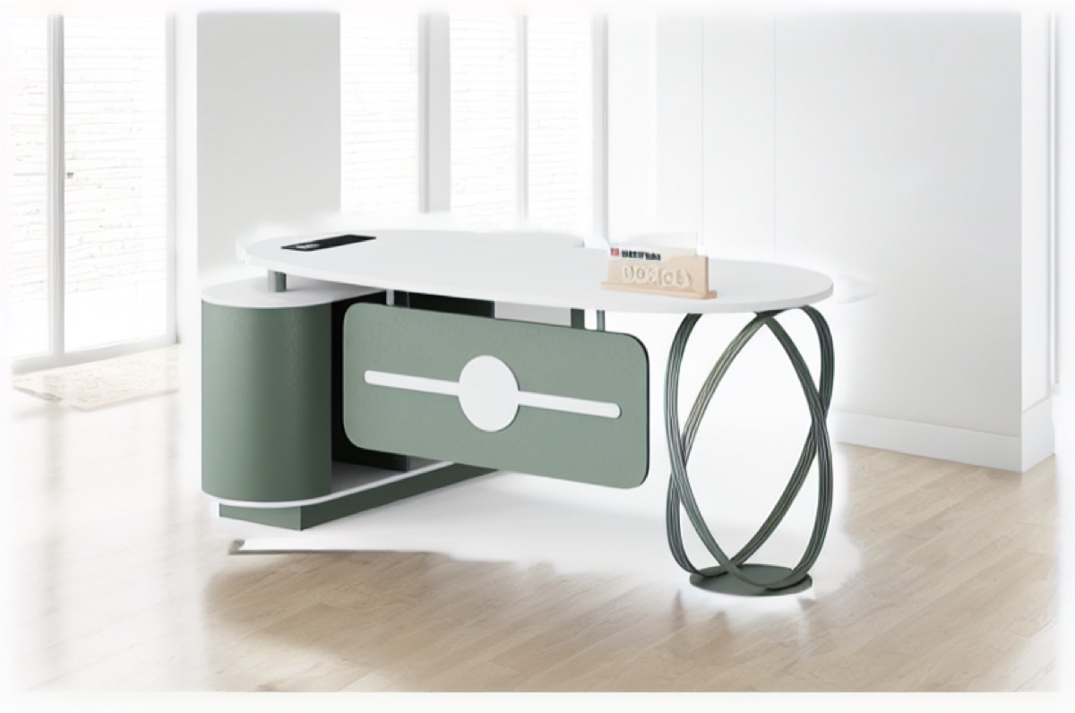 Green L-Shape Director Desk + White Top & Drawer — office scene