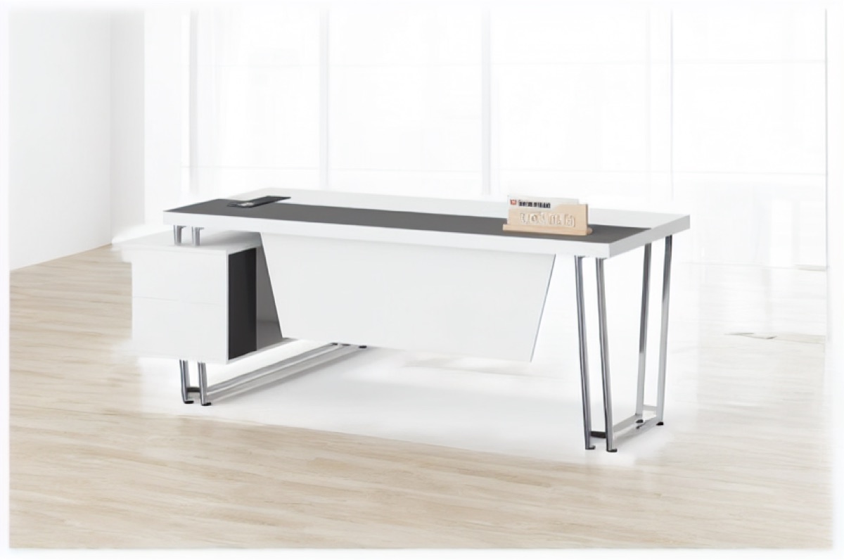 Meja Direktur L-Shape Putih + Top Hitam & Kabinet — situasi kantor
