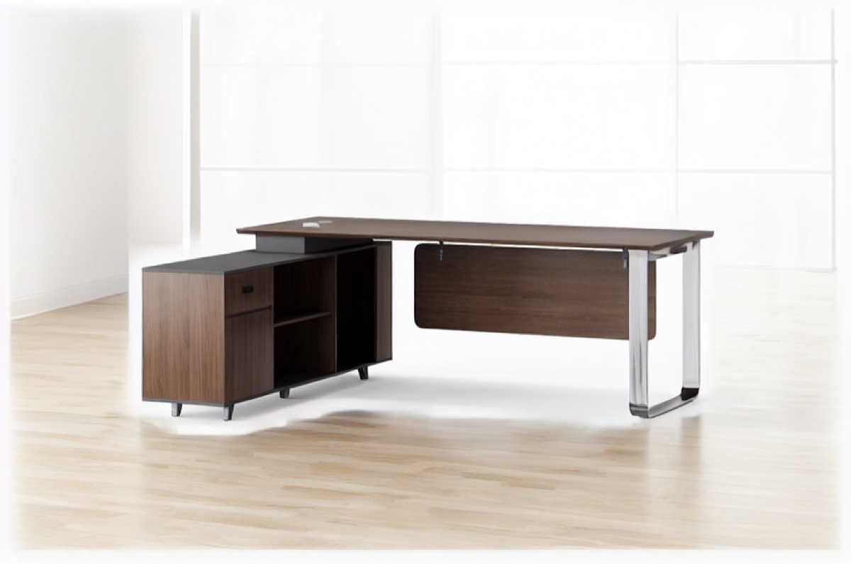 L-Shape Director Desk Walnut Chrome Legs + Cabinet — office scene