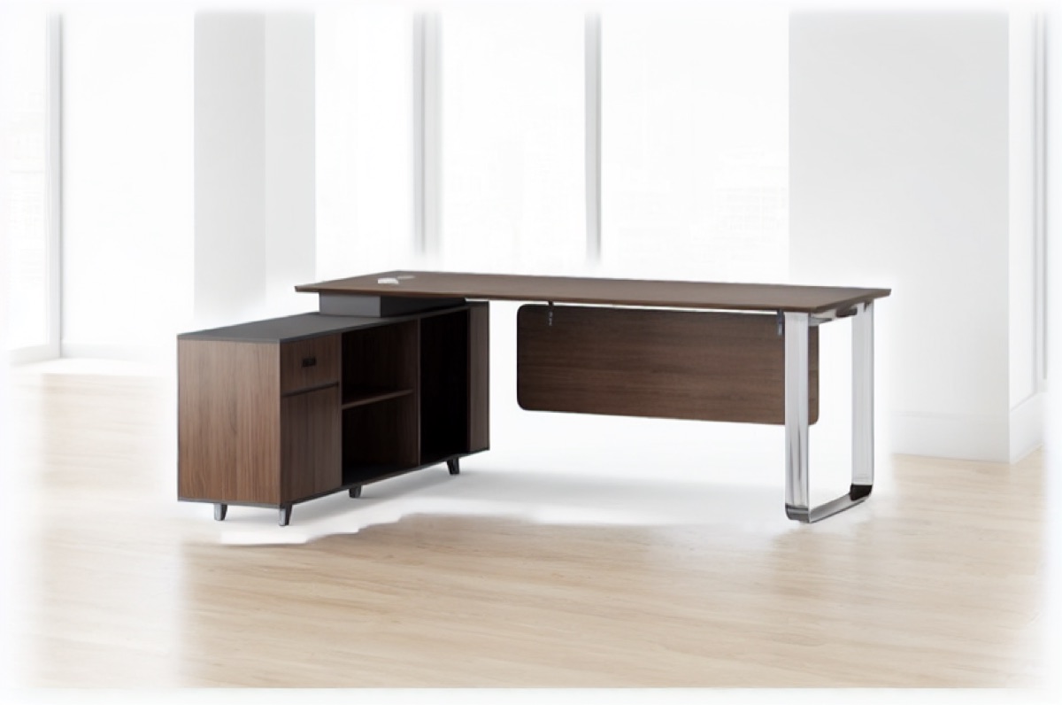 L-Shape Director Desk Walnut Chrome Legs + Cabinet — office scene