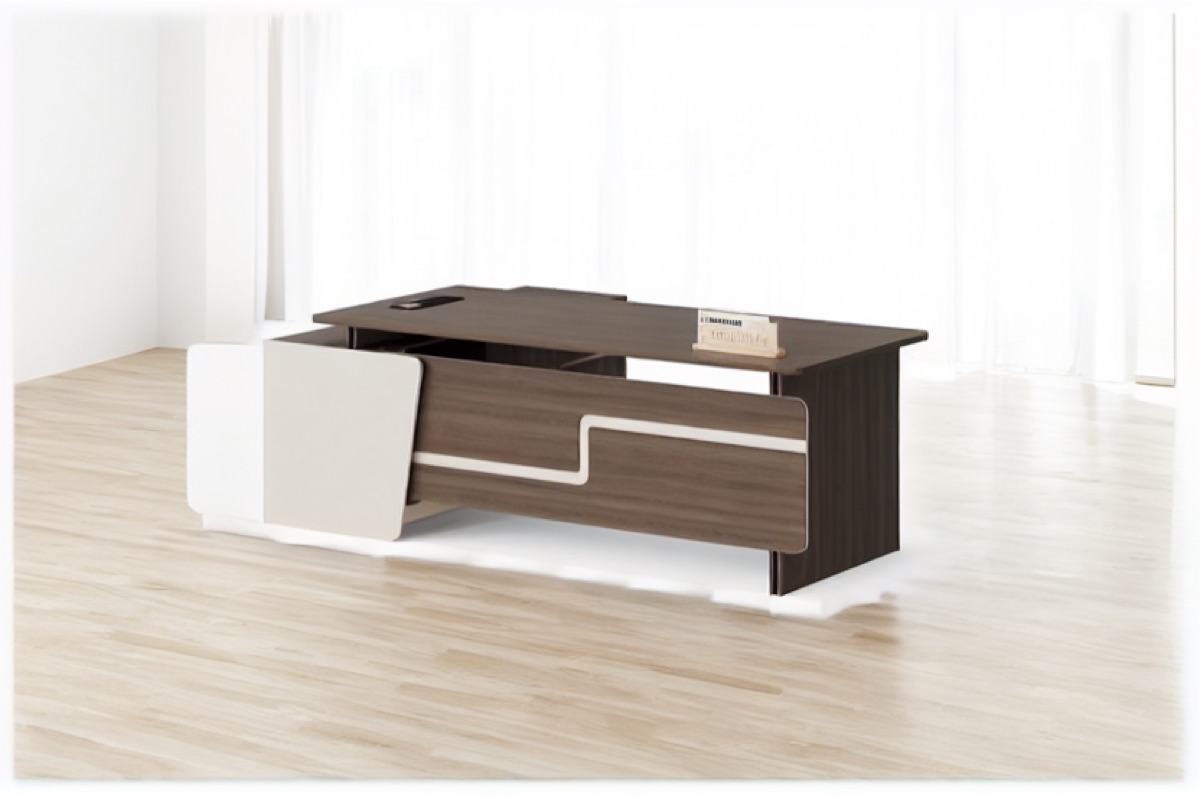 Meja Direktur L-Shape G28 + Panel Dekoratif & Laci — situasi kantor