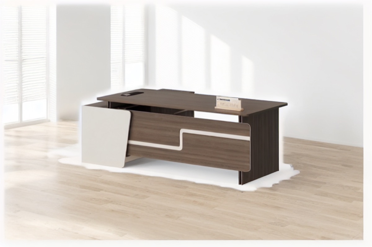 Meja Direktur L-Shape G28 + Panel Dekoratif & Laci — situasi kantor